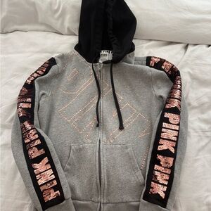 PINK Victoria’s Secret Gray and Black Hoodie with Rose Gold Sequin